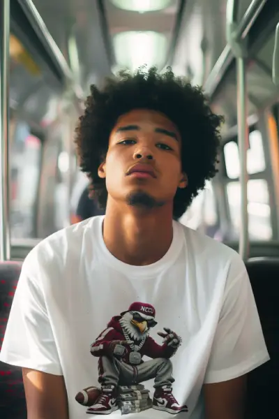 A person with curly hair wears a white t-shirt featuring a graphic of an eagle in sporty attire, seated on a bus